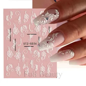 1 adet Beyaz Dantel Çiçek Kabartmalı 5D Tırnak Sticker Çıkartma Düğün Tırnak Sanat Tasarımları Çiçek Kelebek Manikür Dekorasyon JISTZ-5D28 10