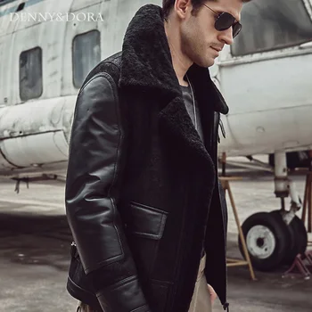 2018 Yeni Moda Erkek Aviator B3 Koyun Derisi Ceket Ceket Kürk Yaka Siyah Yakışıklı Sıcak Ceket İnce Ceket