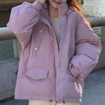 2023 Kış Kirpi Mont İpli Sıkın Öğrenci Kısa Harajuku Ceket Palto Kadınlar Katı Renk Gevşek Kapşonlu Casual Parkas