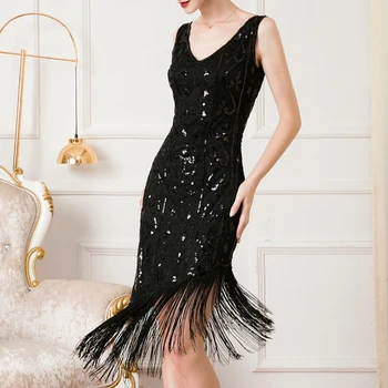 2023 Yeni kadın 1920s Vintage V Boyun Çiçek Düzenleme Püskül Boncuklu Great Gatsby Parti Kokteyl Parti Yüksek Kaliteli Elbiseler