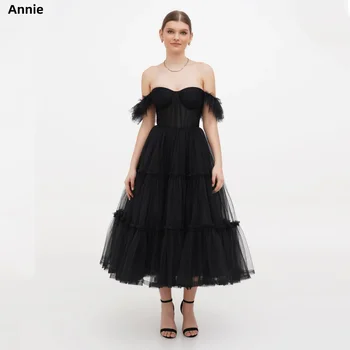 Annie Siyah Ruffles Parti Elbiseler Orta Uzunlukta Tül Vestido Coctel Straplez Sapanlar فساتين للحفلات الراقصة