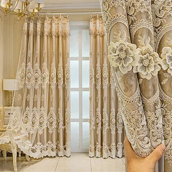 Avrupa Lüks Villa Ev Dekorasyon Kahve Rengi Kabartma Çiçek İşlemeli Çift Perdeler Salon Oturma Odası Yatak Odası İçin Özel