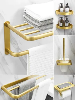 Banyo Donanım Seti Fırçalanmış Altın Alüminyum Lüks Havlu Askısı Havlu Çubuğu köşe Raf Kağıt Tutucu Tuvalet Fırçası Tutucu Tırnak Delikli
