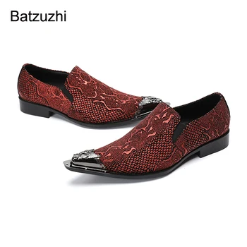 Batzuzhi erkek ayakkabıları Lüks El Yapımı Sivri Metal Burunlu Deri Elbise Ayakkabı Erkekler Slip-on Resmi İş, parti ve Düğün Oxford