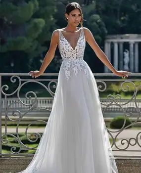 Boho düğün elbisesi Vintage Sivil Backless Sweep Tren V Yaka Kolsuz Robe De Mariee gelinlikler 2021 Zarif Kat Uzunluk