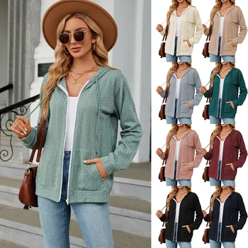 Ceketler Kadınlar için 2023 Sonbahar / Kış Yeni Fermuar Kapşonlu İpli Örme Ceket Kadınlar Düz Renk İnce Kadın Ceket