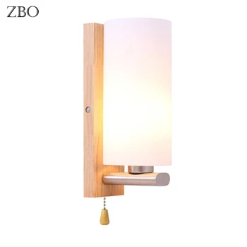 Duvar lambası Modern ahşap beyaz cam anahtarı ile yatak odası başucu Nordic ışık oturma E27 ampul odası duvar ışıkları
