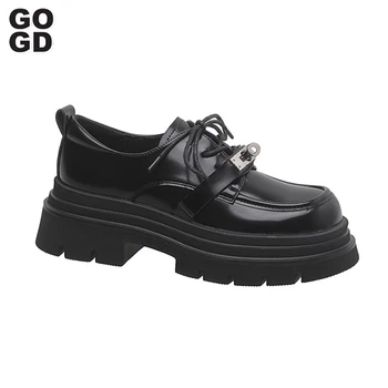 GOGD Marka Moda kadın Pompaları 2023 loafer ayakkabılar Metal Dekorasyon Yuvarlak Ayak yürüyüş ayakkabısı JK Üniversite Öğrencisi İngiliz Tarzı