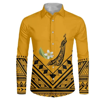HYCOOL Sarı Samoalı Elbise Gömlek Erkekler İçin Ücretsiz Kargo Polinezya Tribal Erkek Giyim Düğün Parti Uzun Kollu Düğme Gömlek