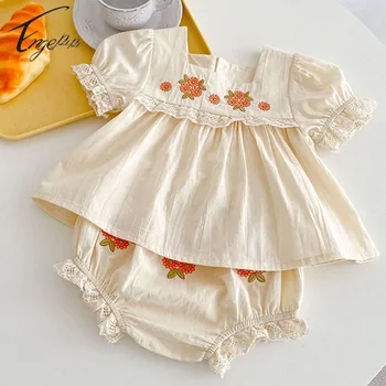 Işlemeli Bebek Kız günlük giysi Bebek Kısa Kollu Üst + Çiçek Şort 2 adet Takım Elbise Bebek Kız Tatlı Dantel Takım Elbise Prenses Elbise