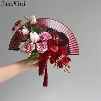 JaneVini Vintage Kırmızı Gelin Fan Gelin Çiçek Buketi Yapay Güller El Yapımı Çin Tarzı Fan Tipi Düğün Buket Mariage