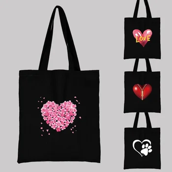 Kadın Kumaş alışveriş çantası Moda Klasik Aşk Kalp Desen Serisi omuzdan askili çanta Kullanımlık Siyah Baskı Tuval Tote Çanta Alışveriş