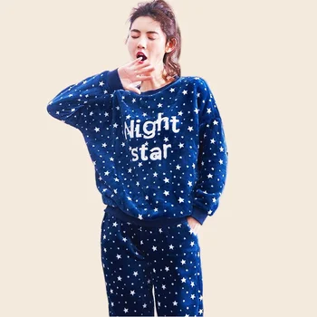 Kadın Moda Pijama Seti Pazen Pijama Yıldız Baskı Gecelik Tam Kollu Uzun Pantolon 2 parça / takım Anne Rahat Kış Pijama