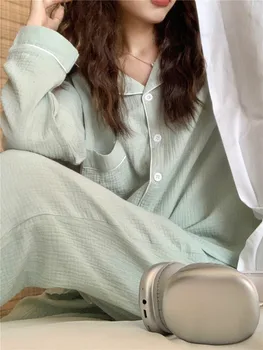 Kore Sonbahar Pijama Seti Kadın Pamuk Katı Tek Göğüslü Gömlek + Pantolon Gevşek Rahat İki Parçalı Ev Takım Elbise Pijama Zarif