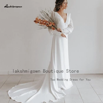 Lakshmigown Beyaz Boho Uzun Kollu Krep düğün elbisesi 2023 Sivil Gelin Plaj Yemeği Parti Törenlerinde Aç Geri