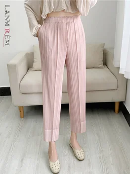 LANMREM Pilili Kalem Ayak Bileği uzunlukta Pantolon Kadın Elastik Bel Düz Renk Cep Dekorasyon 2022 Yaz Kadın Moda Pantolon