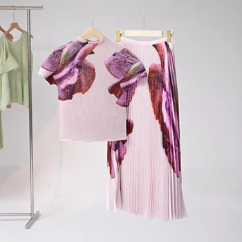 Miyake issey miyake Pilili Moda Rahat Seti kadın Sonbahar Yeni T-shirt Pilili Etek Yarım Uzunlukta İki Parçalı Set