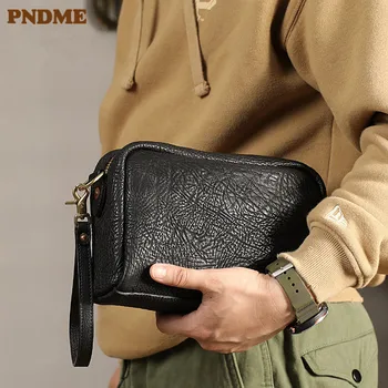PNDME rahat lüks doğal hakiki deri erkek çok fonksiyonlu siyah el çantası basit ilk katman dana omuzdan askili çanta