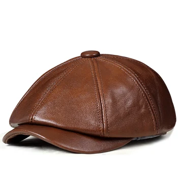 Topi Kulit Asli Oktagonal Retro Baret Kulit Sapi Pria Musim Gugur Topi Lidah Siswa Mode Elegan Topi Snapback untuk Pria