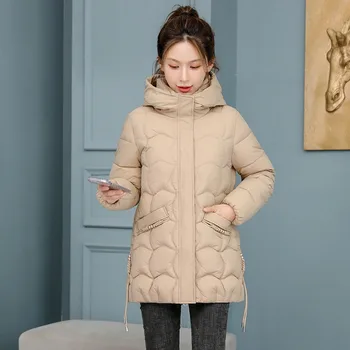 VE 2023 Yeni Kore Moda Zarif Kadın Yastıklı Pamuklu Mont Kapşonlu Parkas Katı Orta Uzun Sıcak Kadınlar Kış Ceket