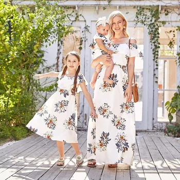 Yaz Yeni Bir Omuz Baskılı Şifon Çiçek Ebeveyn-çocuk Elbise Çiçekli Avrupa ve Amerikan Anne kadın Elbise