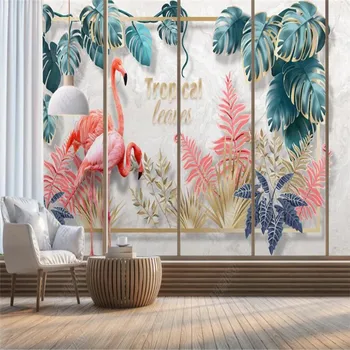 Özel Boyut Yaratıcı yatak odası dekoru Duvar 3D Fotoğraf duvar kağıdı El-boyalı Tropikal Bitki Yaprak Flamingo Ev Dekor Duvar Kağıtları
