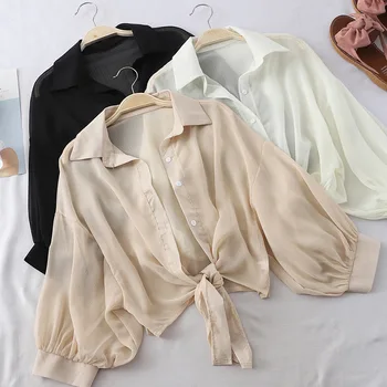 Şifon Gömlek Kadın 2023 Yaz Yarım Kollu Düğmeli Gömlek Gevşek Casual Bluz Bağlı Bel Zarif Bluzlar Kadınlar için Yeni